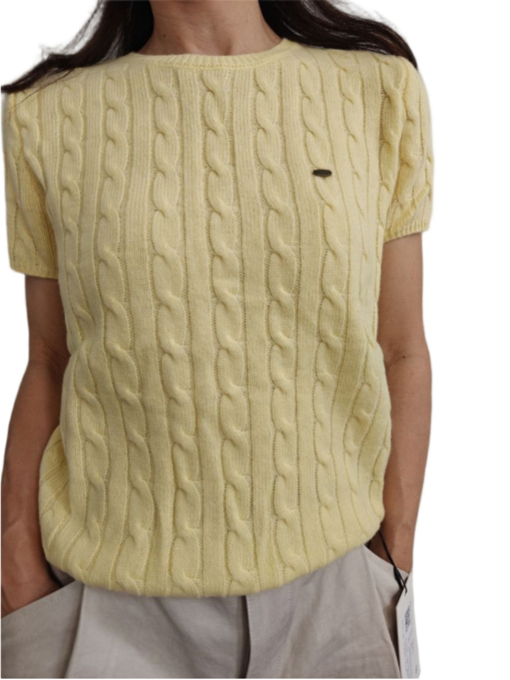 Women's Yellow Cable Knit Short Sleeve Crew Neck Sweater S - Picture 8 of 11